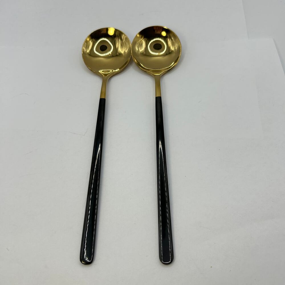 2 Iced Tea Spoons Gold Stainless Steel SUS 304 With Glossy Black Handle 7 3/4"